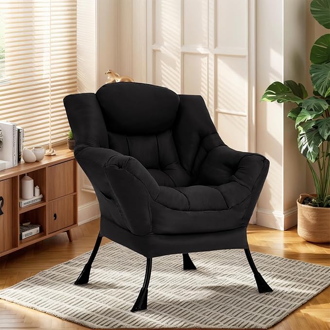 Lazy Chair for Living Room, Modern Accent Chairs with Armrests, Black Armchairs with Side Pocket, Cozy Lazy Sofa for Reading, Balcony, Bedroom, Dorm, Small Spaces