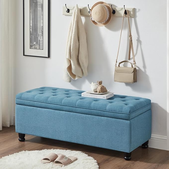 Upholstered Ottoman with Storage,Entryway Bench with Tufted Buttons and Spindle Wooden Legs for Living Room,Bedroom,Light Blue