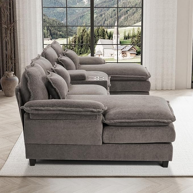 133" Oversized U Shaped Cloud Couch Modular Sectional Couches for Living Room Comfy Chenille Deep Seat Sofa Set with Double Chaise Lounge, Storage Central Console, Cup Holders, USB Port, Stone Grey