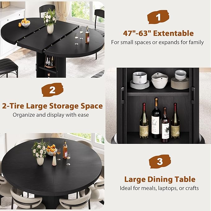 47″–63″ Extendable Round Dining Table for 4–8 with Dust-Proof 2-Tier Storage Shelf Space Saving Expandable Wood Oval Circle Dinner Furniture with Pedestal Base (Black)