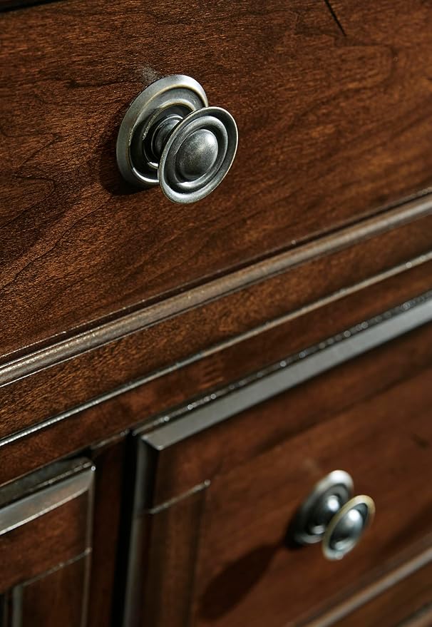 Signature Design by Ashley Porter Traditional Smooth-Gliding 7-Drawer Dresser and Mirror with Safety Stop, Felt-Lined Top Drawers and Pull-Out Tray, Dark Brown