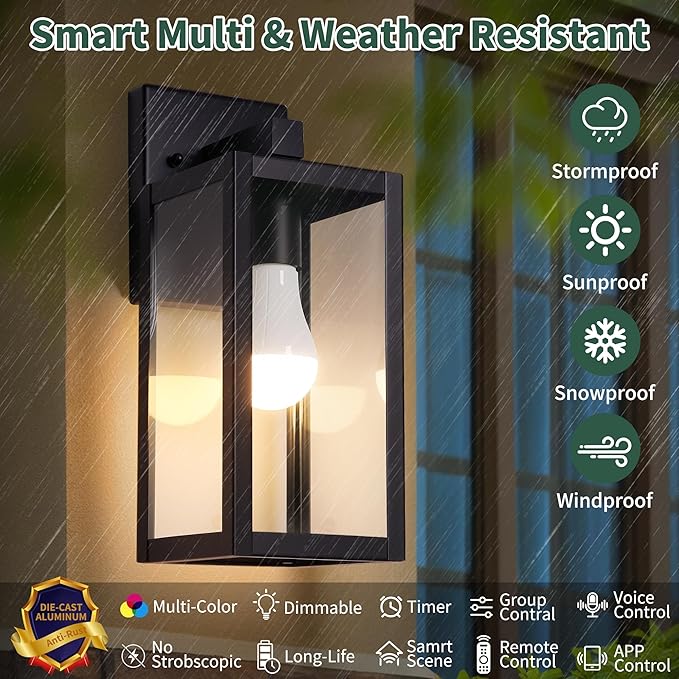 Outdoor Wall Light with Smart Bulb Exterior Lighting Fixtures Waterproof Porch Lights Outdoor Anti-Rust Wall Lantern with Clear Glass Outside Lights for House Front Door Sconce Light