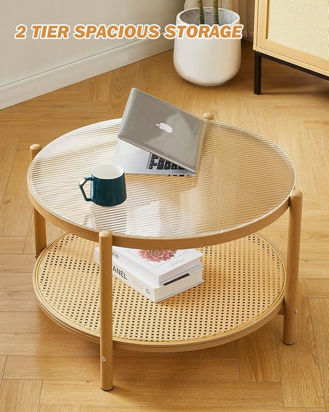COSVALVE 27.5" Boho Rattan Coffee Table, Round Glass Metal Center Table, Modern Simple 2 Tier Middle Table for Small Space Living Room Bedroom Office Meeting Room