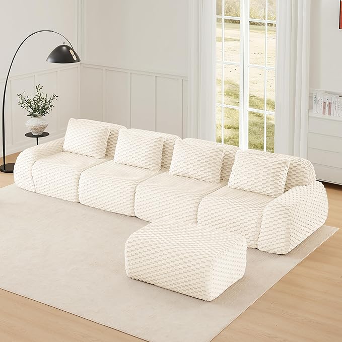 KEIKI 146" Oversized 4-Seater Boneless Couches for Living Room, Ultra Soft Modular Sectional Velvet Sofa L-Shaped, Deep Seat Cloud Comfort Lounge Couch No Assembly, Modern Comfort Design, Cream