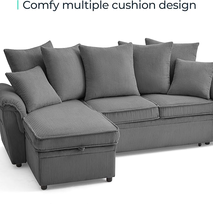 LINSY HOME Sectional Loveseat Sofa with Pull Out Chaise (Gray, 62.5'') | USB Charging, Pillow-style Armrest, Multiple Cushions, Side Storage Pockets, Corduroy Fabric
