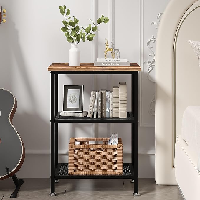 VECELO Tall End Side Tables,30" Height Nightstand with 3-Tier Storage Shelf for Bedroom Living Room, Easy Assembly,Industrial Style, Brown