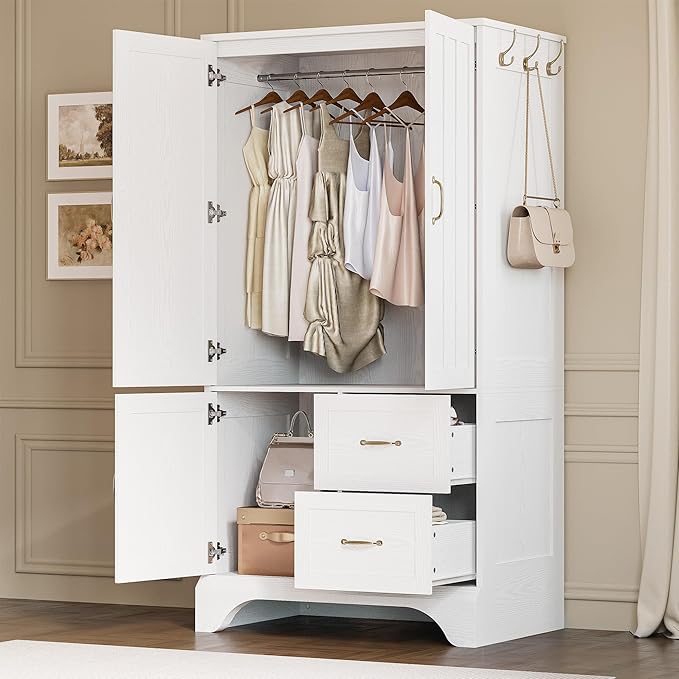 LIKIMIO Armoire Wardrobe Closet with Mirror and 3 Doors and 2 Drawers, Bedroom Wooden Armoire Storage Cabinet Combination with Hanging Rod for Bedroom, White