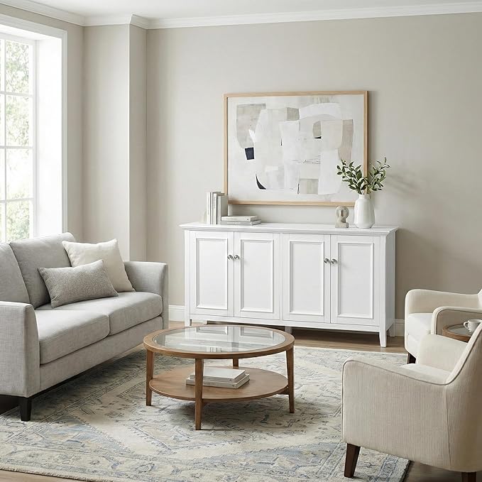SIMPLIHOME Amherst Storage Cabinet - 66 inch Wide Solid Wood 4-Shelf Sideboard Cabinet in White, Transitional Buffet for Living Room or Dining Room with 4 Doors and Adjustable Shelves