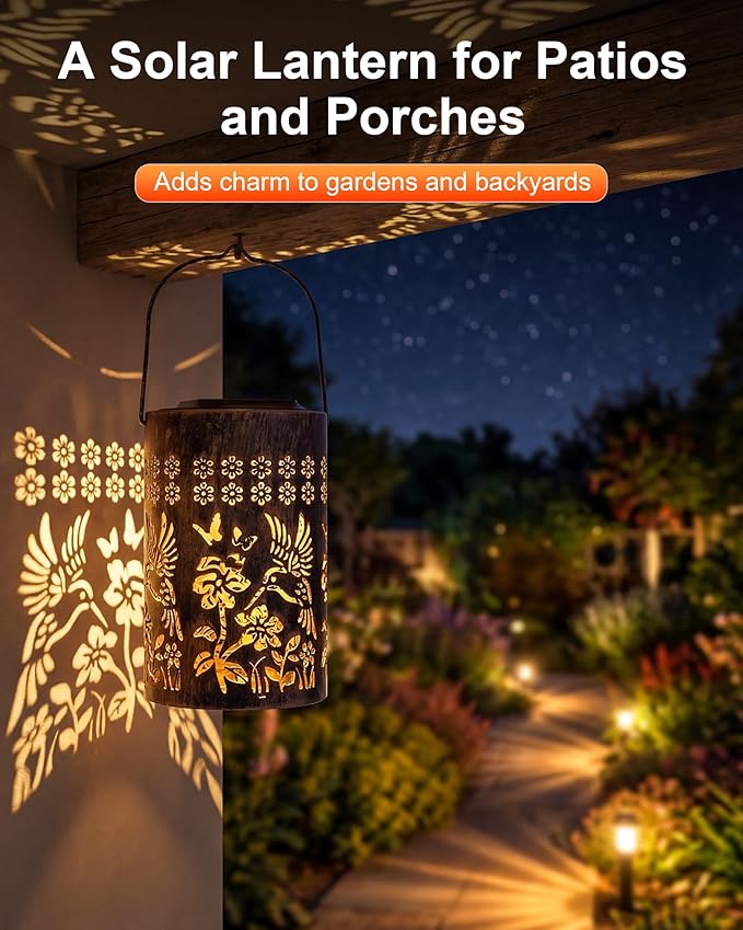 Solar Lanterns Outdoor Waterproof, Hummingbird Garden Decor Gift for Women, Mom or Grandma, Hanging or Tabletop Lantern with Vintage Copper-Color Finish for Patio, Porch and Backyard