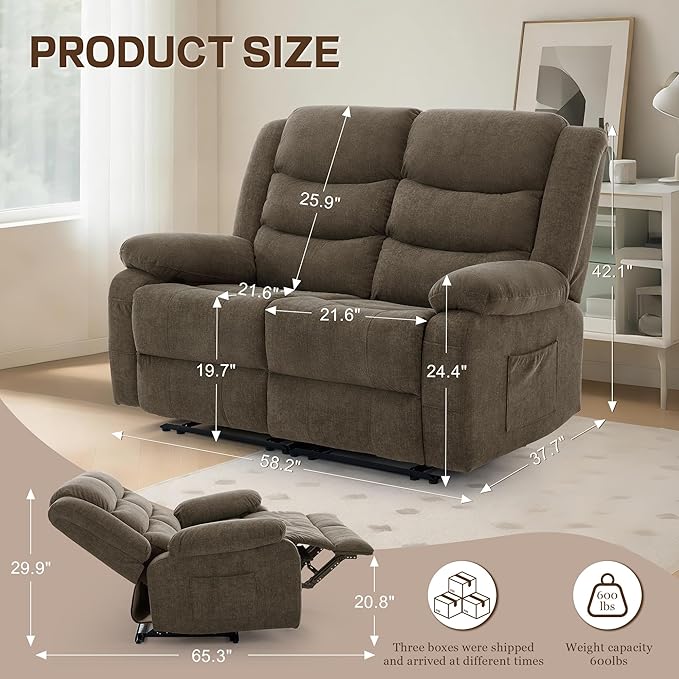 Korser Loveseat Recliner Sofa for RV Furniture and Theater Seating, Wall Hugger Loveseat Recliner, Oversized Loveseats Couch with Front Porckets&Side Pockets, Fabric, Brown