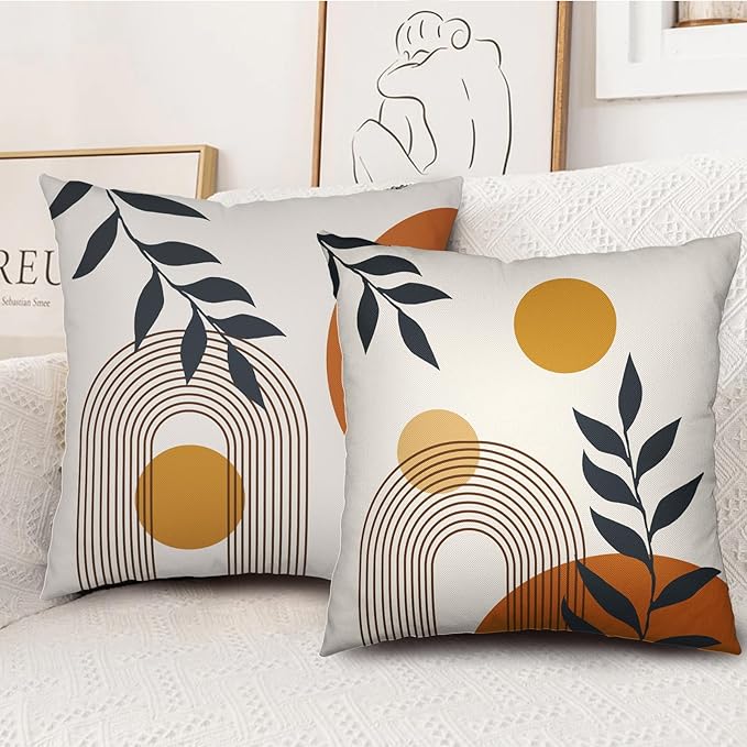 Boho Pillow Covers 22 X 22 Green Leaf Mid Century Farmhouse Decorative Pillow Cases Set of 2 Outdoor Abstract Orange Sunset Pillowcase Geometric Minimalist Cushion Cases for Home Couch Sofa