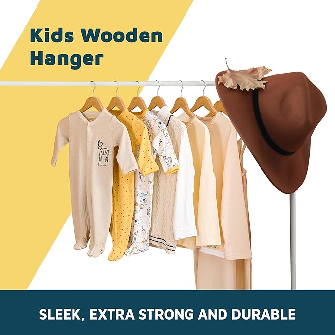 Natural Color Wooden Kids Hangers 10 Pack, Toddler & Baby Wooden Hangers, 11.8" Solid Maple Wood with 360° Swivel Hook, Pants Bar & Notches, Up to 7.7lb Capacity, Space-Saving Design for Ages 0–8