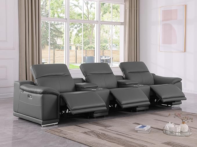 BlackJack Furniture Venice Top Grain Italian Leather Power Recline 5 Piece Sofa - 134" Theater Seating Modern Couch for Living Room Apartment Home with Adjustable Headrests & USB Port, Dark Grey