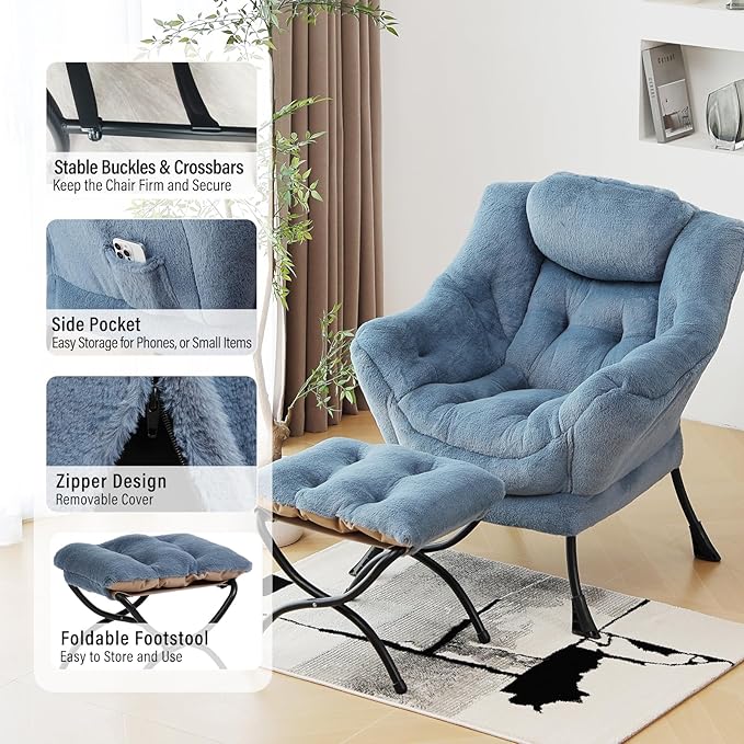 Lazy Chair with Ottoman, Modern Chair with Folding Footrest, Plush Light Blue Accent Chair, Comfortable Reading Chair, Oversized Armchairs for Bedroom, Study, Living Room, Courtyard