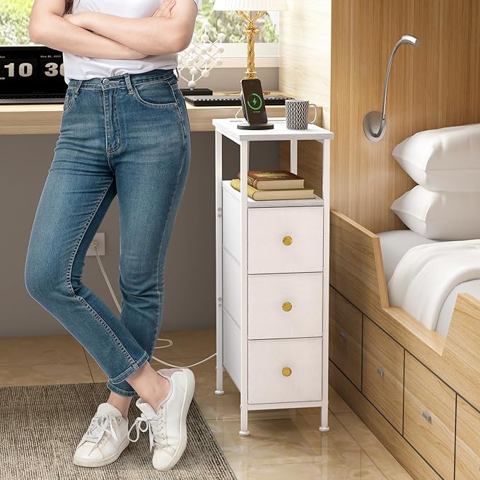 Fixwal Small Nightstand Narrow White Dresser with Charging Station, Skinny Nightstand with 3 Fabric Drawers, Dorm Silm Bedside Table for Small Spaces Bathroom, Bedroom, Laundry