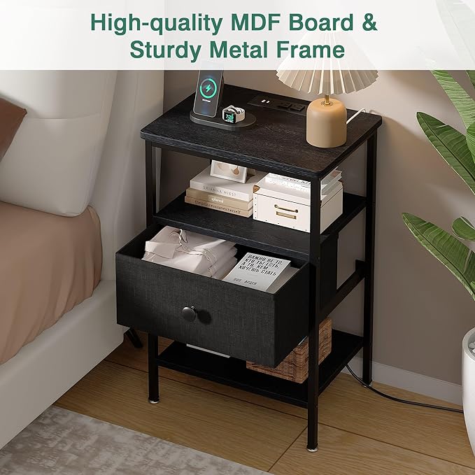 VECELO Side Tables with Charging Station,Nightstand with Storage Shelf&Fabric Drawer,Bedside Tables for Bedroom,Living Room,Small Spaces,Black