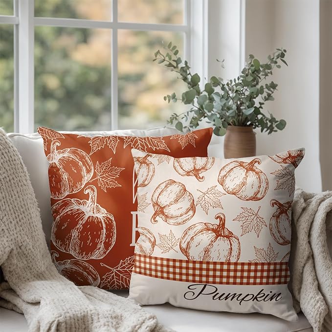 Hello Fall Pumpkin Pillow Covers 22x22 Set of 2 Autumn Maple Leaves Burnt Orange Outdoor Throw Pillows Case Farmhouse Thanksgiving Decorative Cushion Covers for Home Couch Sofa