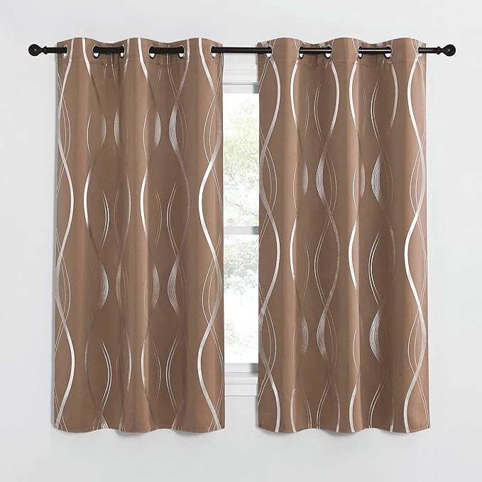NICETOWN Bedroom Small Blackout Curtain Panels, Window Treatment Thermal Insulated Solid Grommet Blackout Wave Line Foil Print Design Drapes for Kitchen, Cafe, Loft (Cappuccino, Set of 2, 42" by 63")