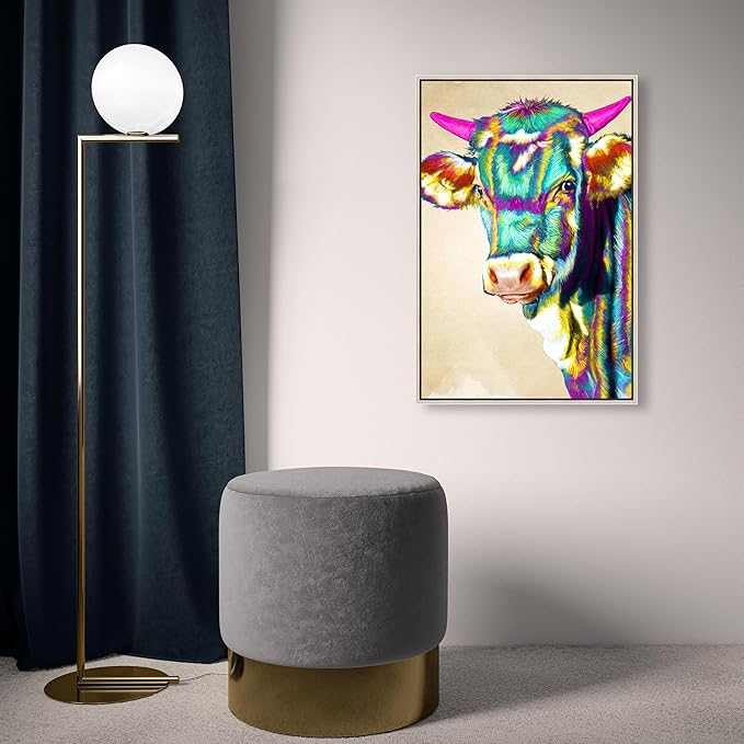 Country Farmhouse Canvas Print Painting Animal Wall Art 'Fun Colorful Glam Farm Cow' Champagne Framed Canvas Rustic Home Décor 16x24 in Green, Pink by Oliver Gal
