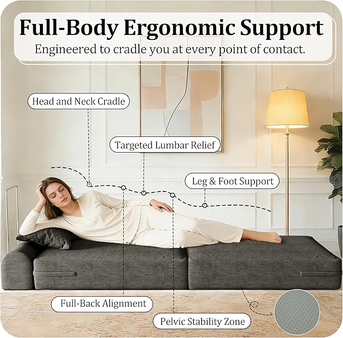 31.5'' Convertible Compressed Corduroy Folding Cloud Sofa Bed, Modern Boneless Pull Out Sleeper Sofa Couch in a Box, 3 in 1 Portable Lazy Floor Lounge Chair, for Small Space, Grey, Pillow, Single