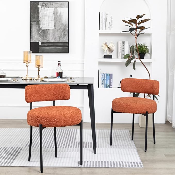 DYHOME Dining Chair One Chair for Kitchen Dining Room,Upholstered Modern Boucle Dining Chair with Black Metal Legs Curved Backrest, Orange
