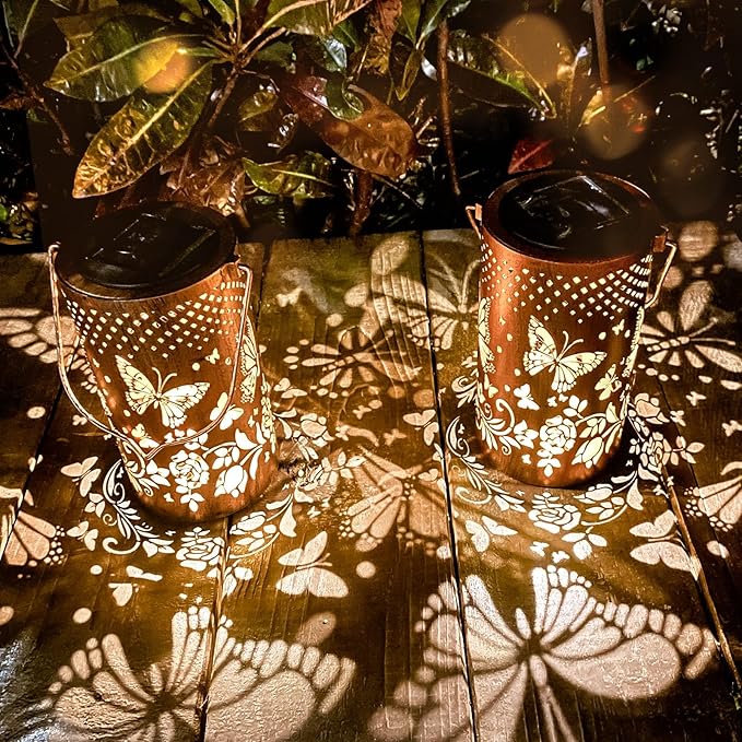 Mothers Day Gifts, 2 Pack Butterfly Birthday Gifts for Women Mom Grandma Solar Lanterns Outdoor Waterproof Garden Decor Hanging LED Decorative Light for Patio Yard Lawn Gardening Gifts