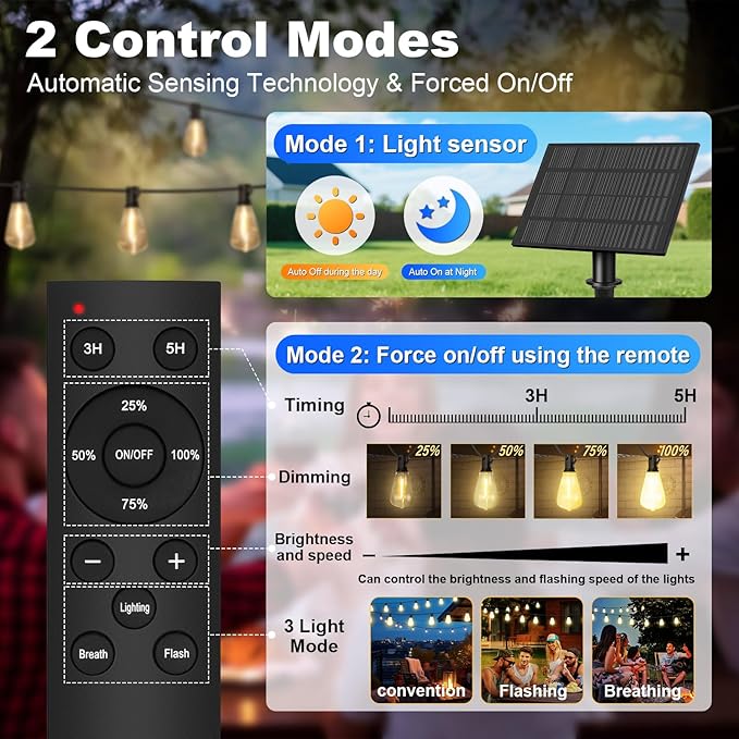 50FT Solar String Lights with 32+2 LED Bulbs (1.5FT Bulbs Spacing), Patio String Lights Whith Remote, IP65 Waterproof, 3600mAm Battery, Zipper & Screw for Setup Outside Garden Backyard Decor