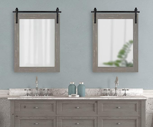 Kate and Laurel Cates Rustic Wall Mirror, 22" x 30" Rustic Gray, Farmhouse Barn Door-Inspired Wall Decor