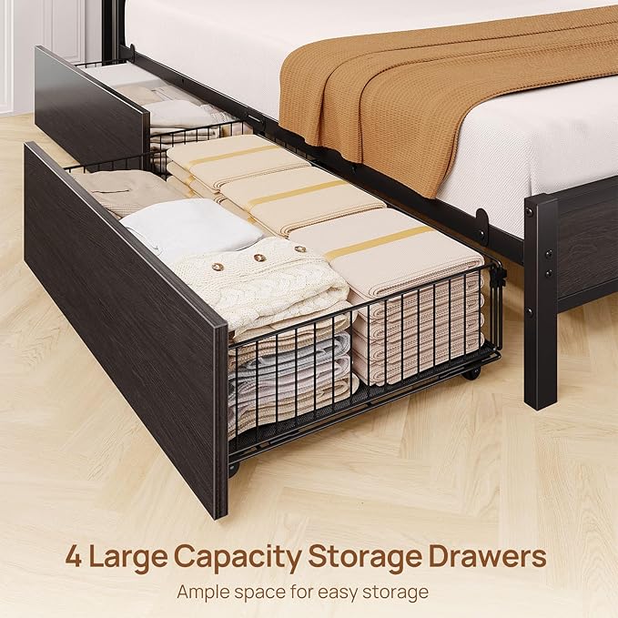 Rolanstar Bed Frame Twin Size with Charging Station and LED Lights, Upholstered Storage Headboard with Drawers, Heavy Duty Metal Slats, No Box Spring Needed, Noise Free, Easy Assembly, Dark Grey