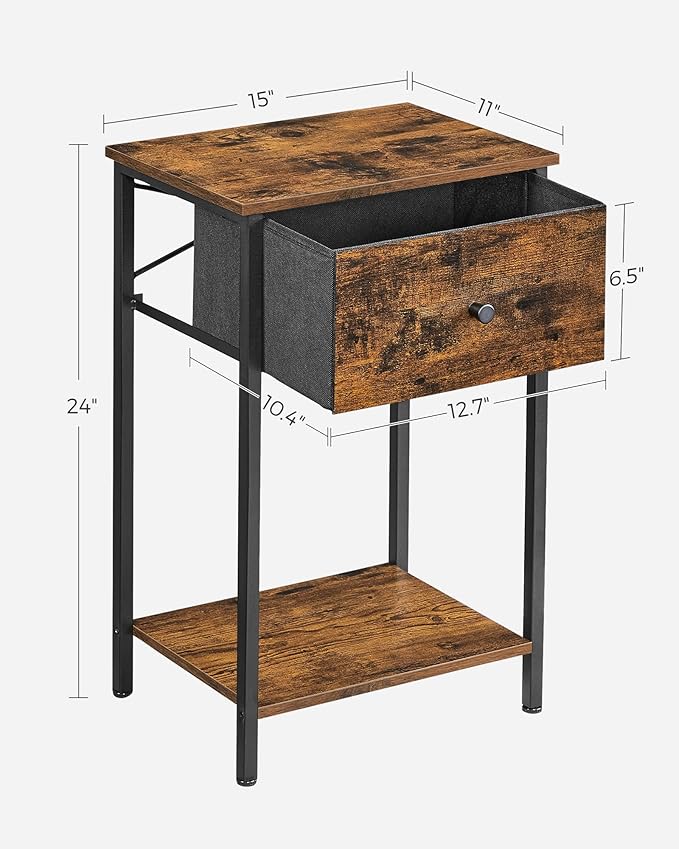 VASAGLE Nightstand, Side Table with Fabric Drawer, 24-Inch Tall End Table with Storage Shelf, Bedroom, Rustic Brown and Black ULGS021B01
