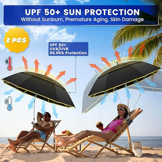 Chair Umbrella with Clamp,2PACK 53 inches Double Canopy Beach Chair Umbrella with Universal Clamp,50+ UV Protection,360° Swivel,Folding Clip on Sun Umbrellas for Table,Camping,Bench Chairs,Golf Cart