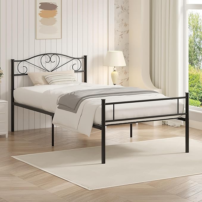 VECELO 14 Inch Twin Size Metal Platform Bed Frame with Headboard and Footboard, Heavy Duty Mattress Foundation with Steel Slats Support, No Box Spring Needed, Black