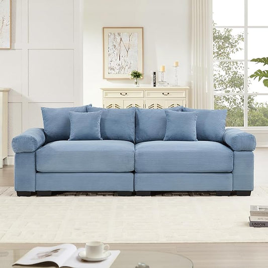 KEIKI 83" Oversized Corduroy Modular Sectional Loveseat Sofa with High-Density Foam Cushions, Extra-Thick Armrest, Upholstered Modern 2-Seater Fluffy Corner Couch with 6 Pillow, for Living Room, Blue
