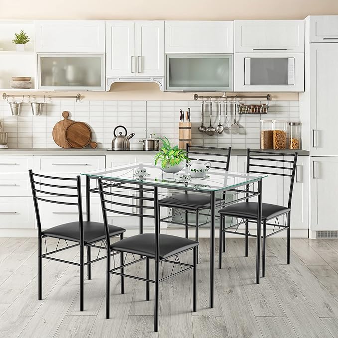 NAFORT 5-Piece Dining Table Set for 4, Modern 3/8'' Tempered Glass Kitchen Room Table with 4 Upholstered Dining Chairs, Space-Saving Dinette Tables with Metal Frame for Apartment, Office
