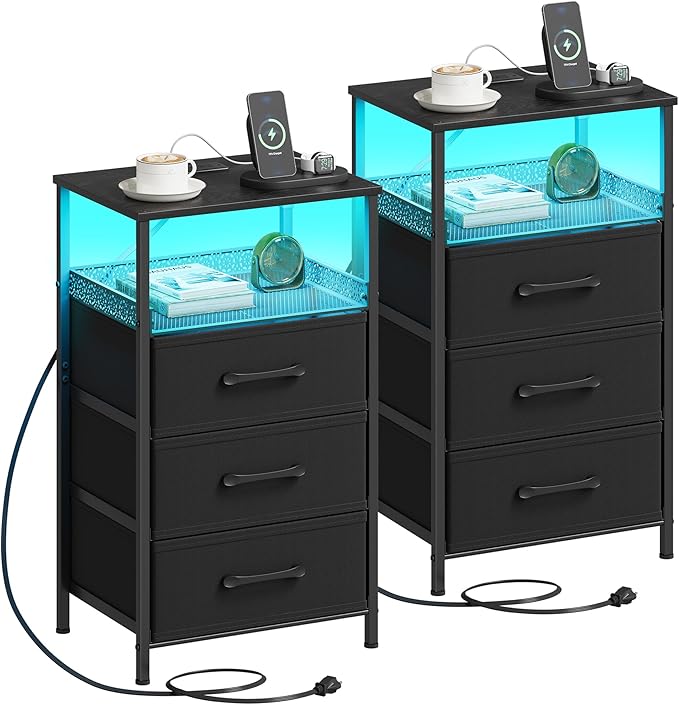 Night Stand Set 2 with Charging Station, 3 Drawer Nightstands with LED Lights, End Table with Outlets and USB Ports, Side Table with Open Shelf, Bedside Tables for Bedroom, Black