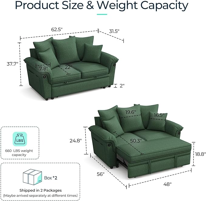 LINSY HOME Sectional Loveseat Sofa with Pull Out Chaise (Green, 62.5'') | USB Charging, Pillow-style Armrest, Multiple Cushions, Side Storage Pockets, Corduroy Fabric