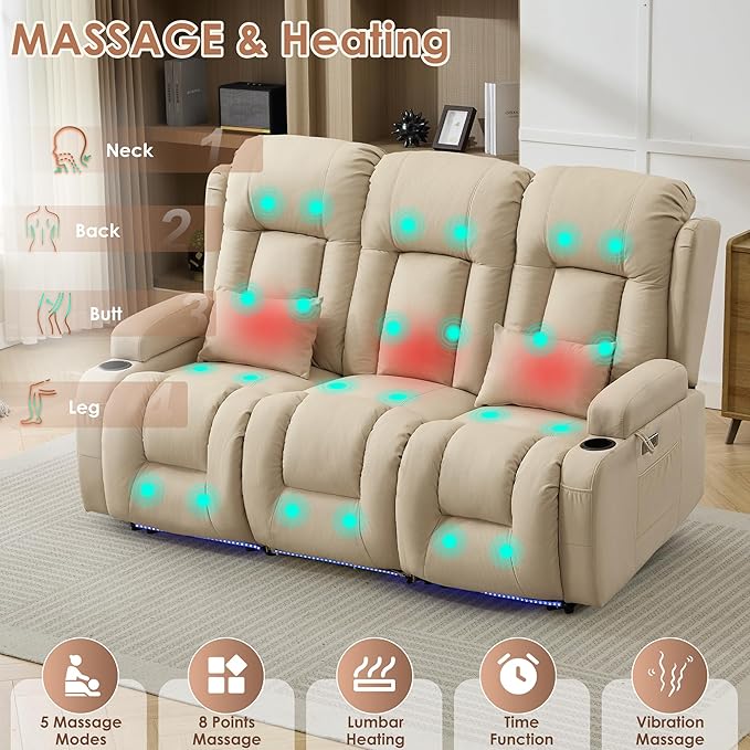 TUNYI Wall Hugger Loveseat Recliner Sofa with Console, Power Reclining Loveseat RV Couch with Massage & Heat/USB/Outlet/Storage/LED Light (Beige, 3 Seat)