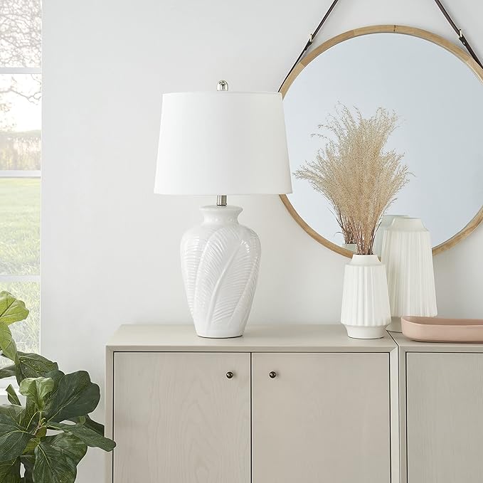 Nourison Home 26" White Glossy Feather Engraved Coastal Farmhouse Table Lamp for Bedroom, Living Room, Dining Entryway