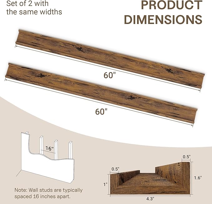 Fun Memories Long Wall Shelves Set of 2-60 Inch Floating Shelves for Wall - Picture Ledge Shelf with Lip for Storage - Wall - Mounted Shelves for Bedroom - Living Room - Kitchen - Rustic Brown