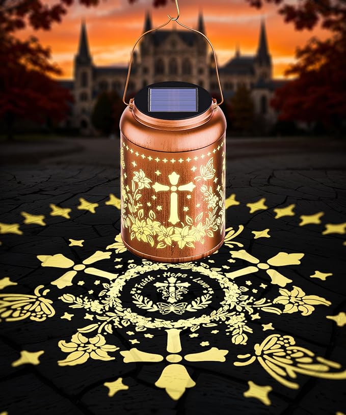 Solar Lanterns Outdoor Waterproof Decorative Garden Solar Lights Outdoor,Hanging Hollow Out Metal Ornaments Decor for Outside Lawn,Patio,Balcony,Yard Unique Gifts for Women Christian Cross