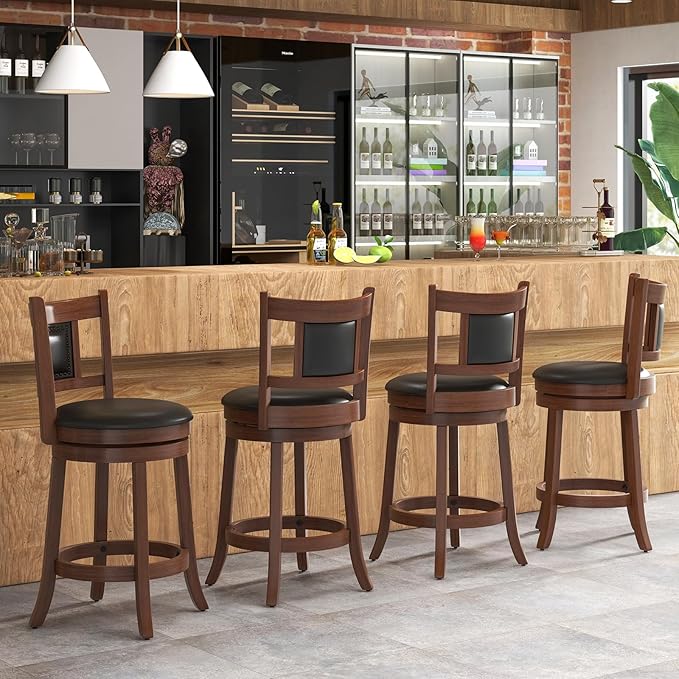 GOFLAME 25.5” Upholstered Bar Stools Set of 4, Swivel Counter Height Barstools with Curved Backrest & Footrest, Solid Rubber Wood Bar Stools for Kitchen Island, Bar Counter, Cafe, Dining Room