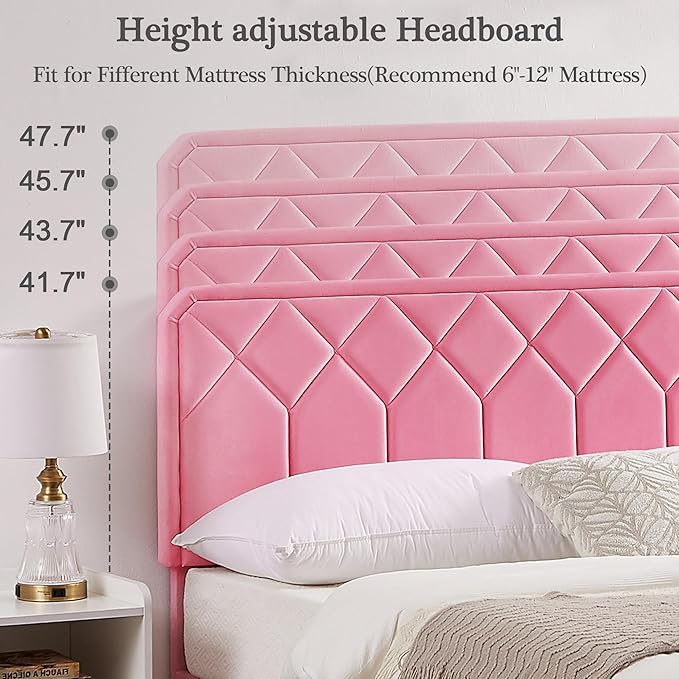 VECELO Queen Size Bed Frame Premium Velvet Upholstered Platform with Height Adjustable Headboard/Mattress Foundation, Solid Wooden Slat Support, No Box Spring Needed/Easy Assembly