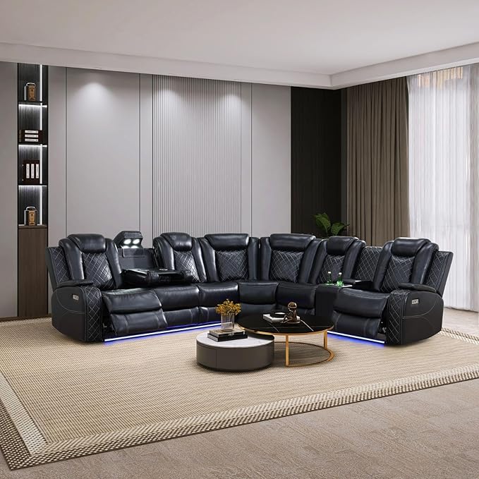 Power Recliner Sectional Couch for Living Room, Breathing Leather Reclining Sectional Sofa, 6 Seat L Shaped Reclining Couch with LED Lighting/Cup Holders/Strorage/USB Port (Black)