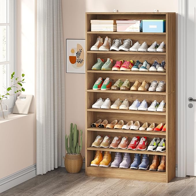 Tribesigns Tall Shoe Cabinet, 9 Tiers 40-45 Pairs Heavy Duty Wood Freestanding Shoe Storage Cabinet, 70.8'' Tall Shoe Cabinet with Open Storage for Entryway (2, Light Brown)
