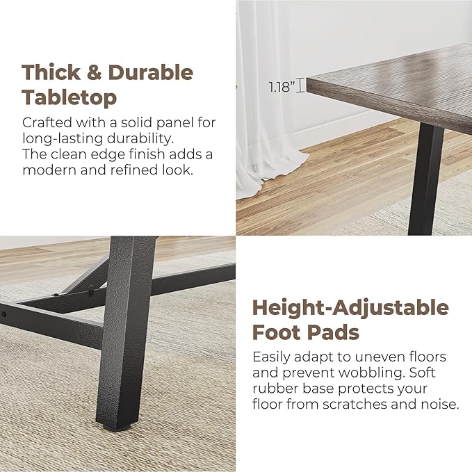 Concho 71" Solid Thick Dining Table for 6-8 People, Long Wooden Kitchen Dinner Table with Sturdy Metal Frame for Home Office,Dining Room,Living Room Furniture, Deep Grey(Chairs Not Included)