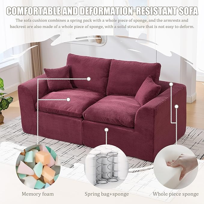 80.3" Cloud Loveseat Boneless Sofas for Living Room, 2 Seaters Modular Foam Cloud Sofa Couches, 2 Seat Compression Foam Couch with Toss Pillows, No Assembly Required