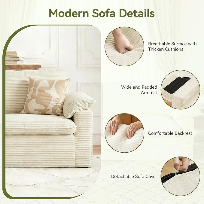 86" Loveseat Sofa Beige Corduroy Couch,Modern Cloud Sofa Love Seat, Deep Seat Slipcovered Sofa with 2 Wide Armrest Pillows for Small Spaces Apartment Studio Office Bedroom Living Room
