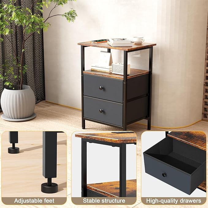Nightstand with Charging Station, Bedside End Table with 2 Fabric Drawers for Bedroom, Side Table with USB Ports and Outlets (Brown Black)