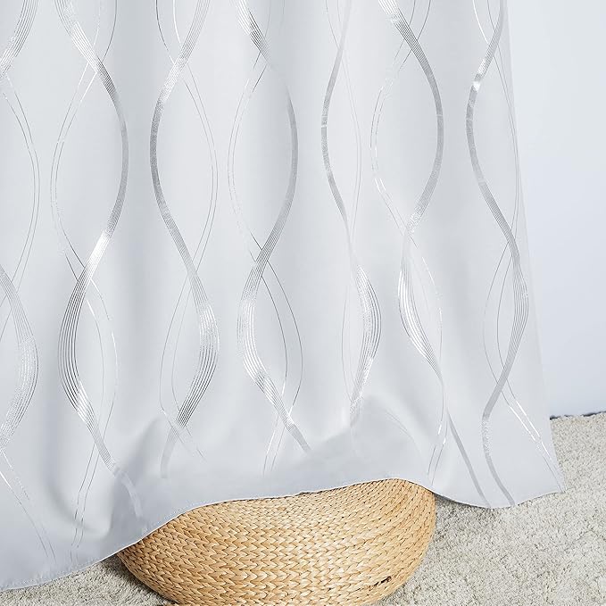NICETOWN Room Darkening Curtain Panels for Living Room, 52 inches by 90 inches, Greyish White, Home Fashion Decor Foil Printed Wave Lines Thermal Insulated for Bedroom/Nursery
