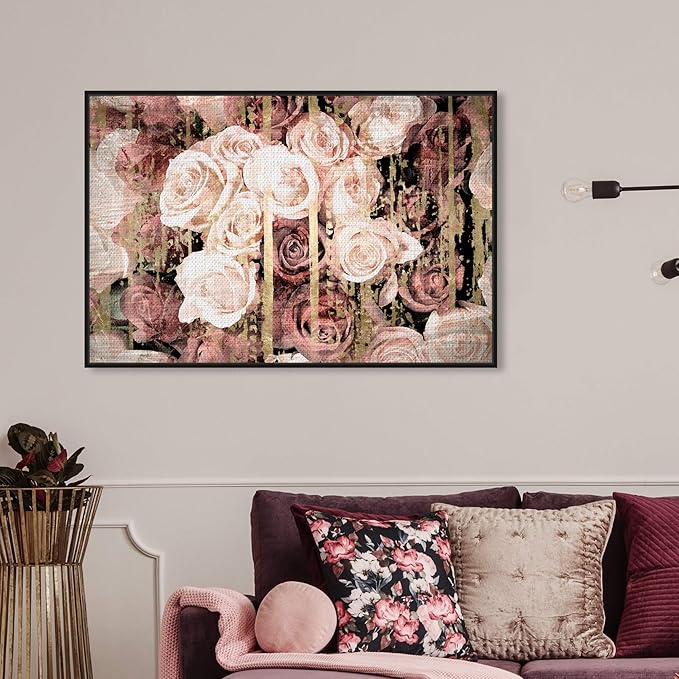 The Oliver Gal Artist Co. Floral and Botanical Framed Wall Art Canvas Prints 'Shabby Chic Romance' Florals, Pink, Brown, 36" x 24"